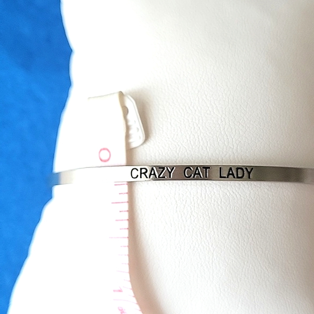 Crazy Cat Lady engraved silver stainless cuff bracelet.